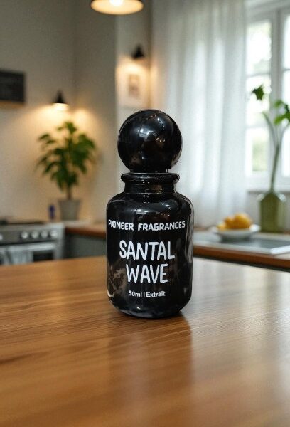 Black bottle of Pioneer Fragrances "Santal Wave" perfume placed on a wood surface.