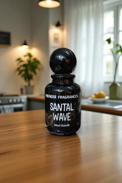 Black bottle of Pioneer Fragrances "Santal Wave" perfume placed on a wood surface.